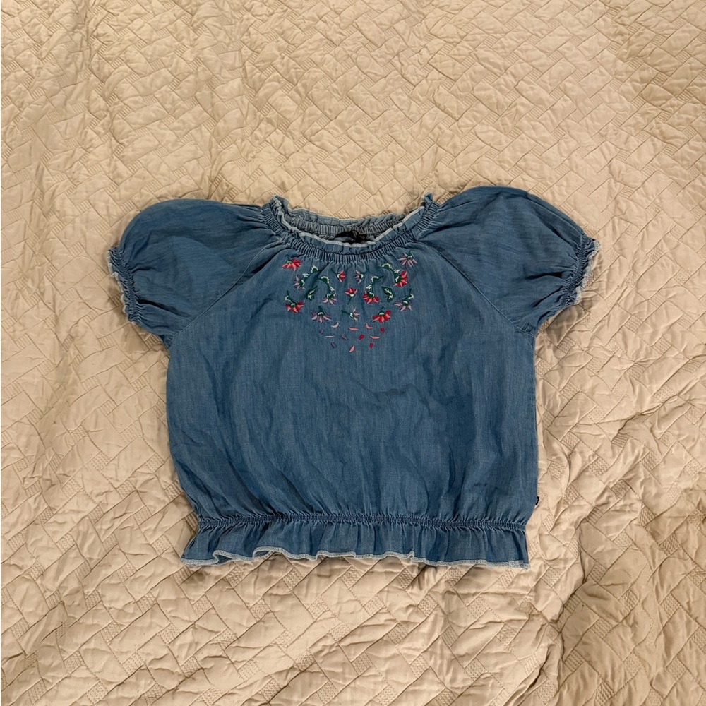 Lucky Brand Blue Blouse with Embroidery and Balloon Sleeves